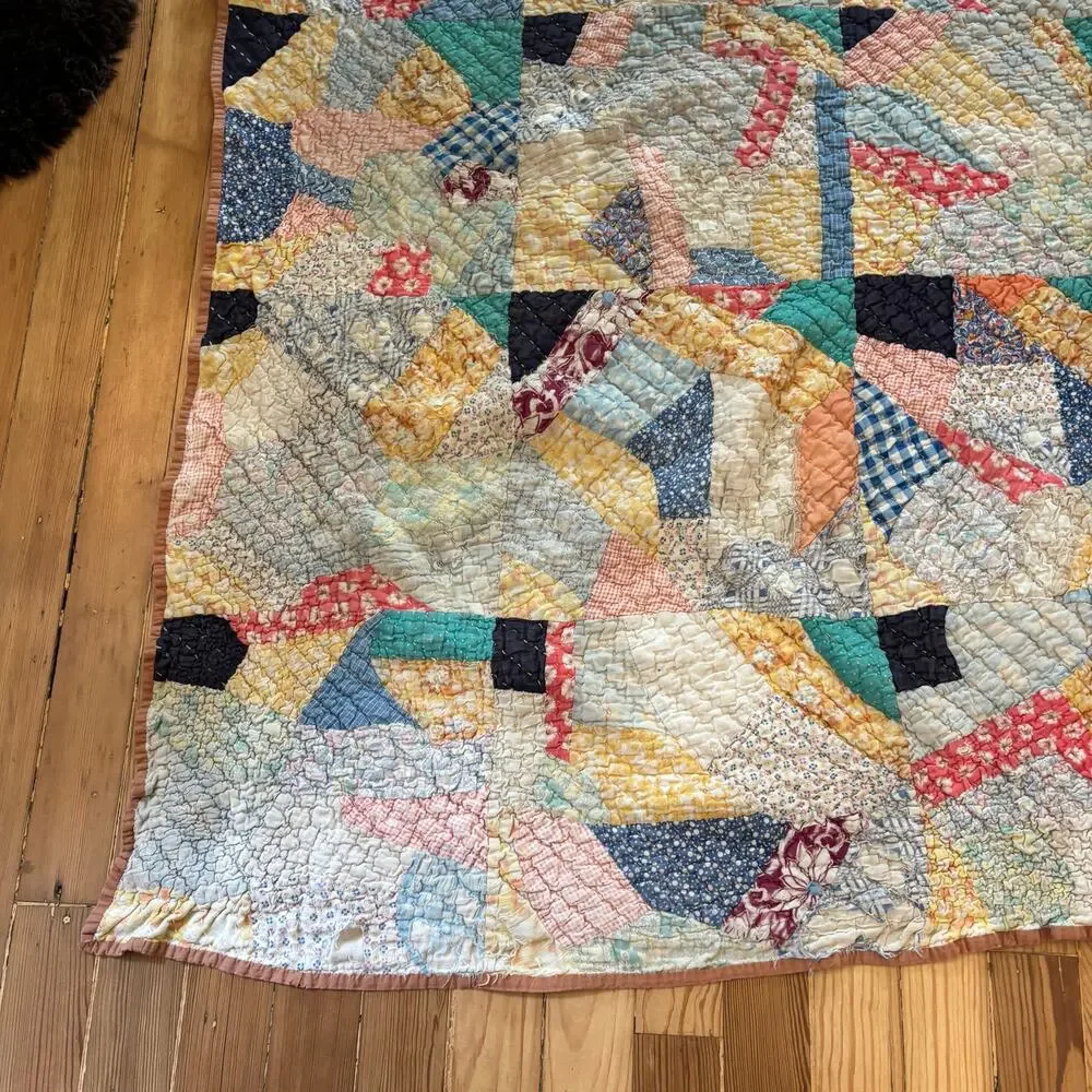 Vtg Crazy Patchwork Quilt Handmade Scrunchy Cotton Colorful 54x69” Feedsack?